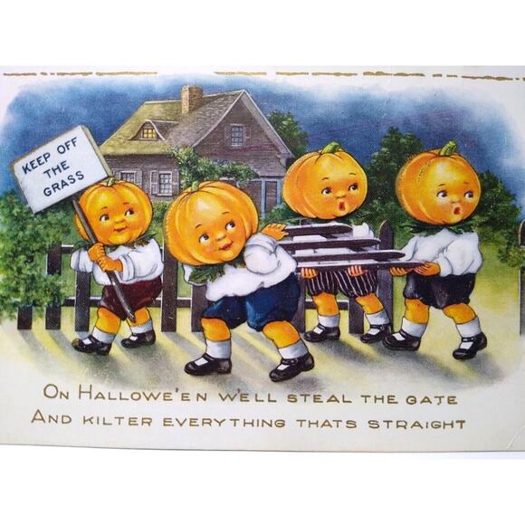 Halloween Postcard Whitney Fantasy Anthropomorphic Pumpkin Face Heads Goblins - Picture 2 of 3